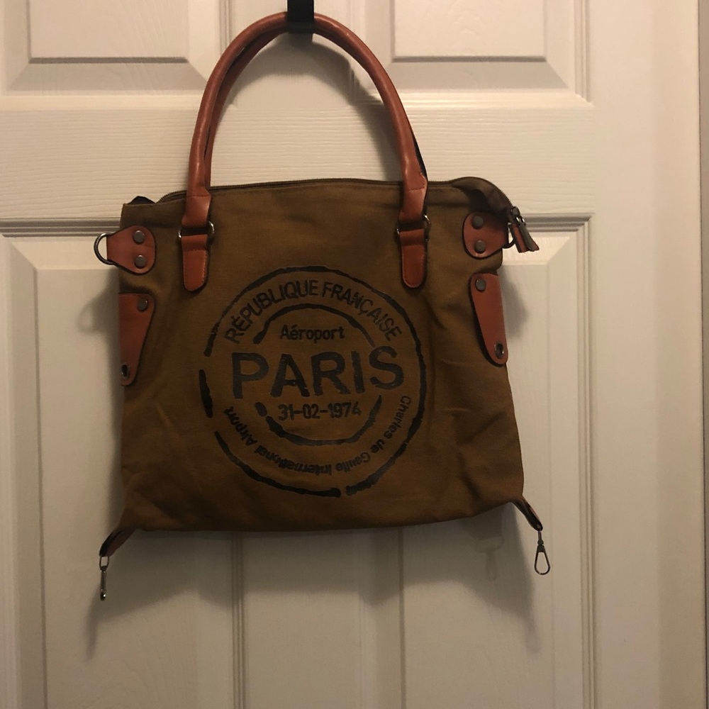 Paris Graphic Canvas Tote with Brown Trim